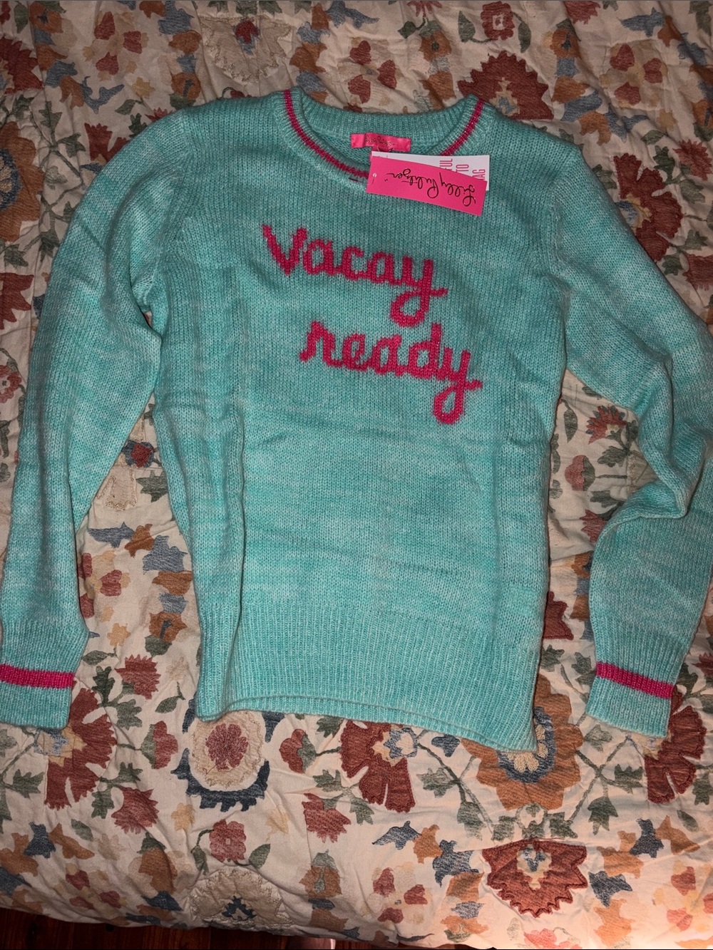 NWT Lilly Pulitzer Aqua Knit 'Vacay Ready' Sweater with Pink Script
